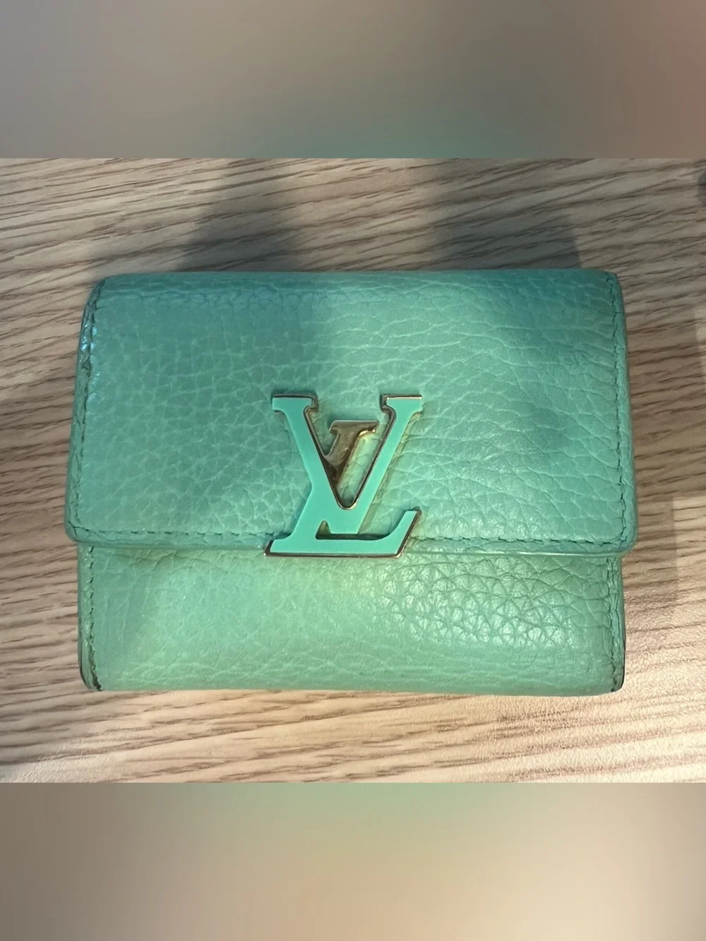 Louis Vuitton Mint Green Pebbled Leather Compact Wallet with LV Hardware